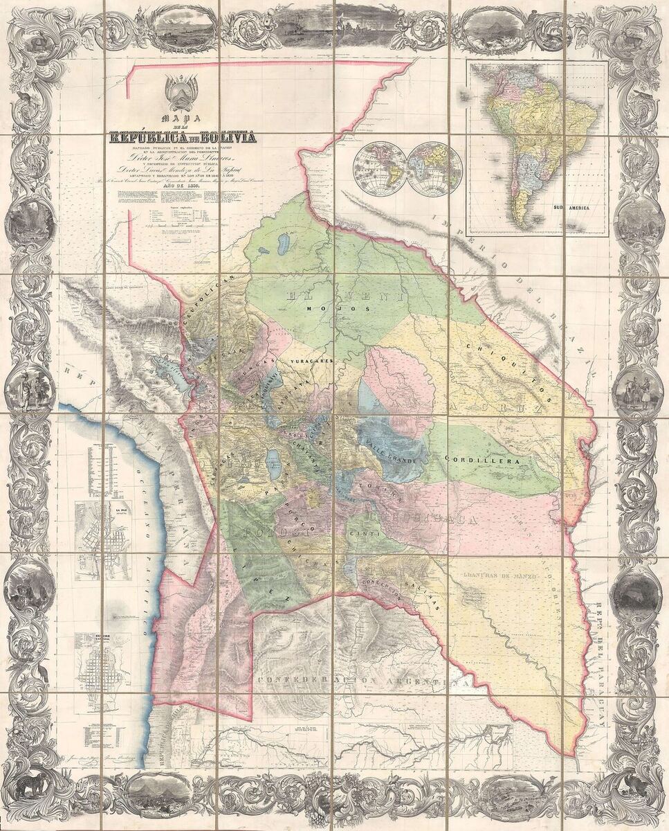 Hand-coloured wall map of Bolivia within an engraved decorative border, showing its territorial divisions in separate colours, an inset map of South America, inset street plans of La Paz and Sucre, and the republic’s territory extending west to the Pacific Ocean.