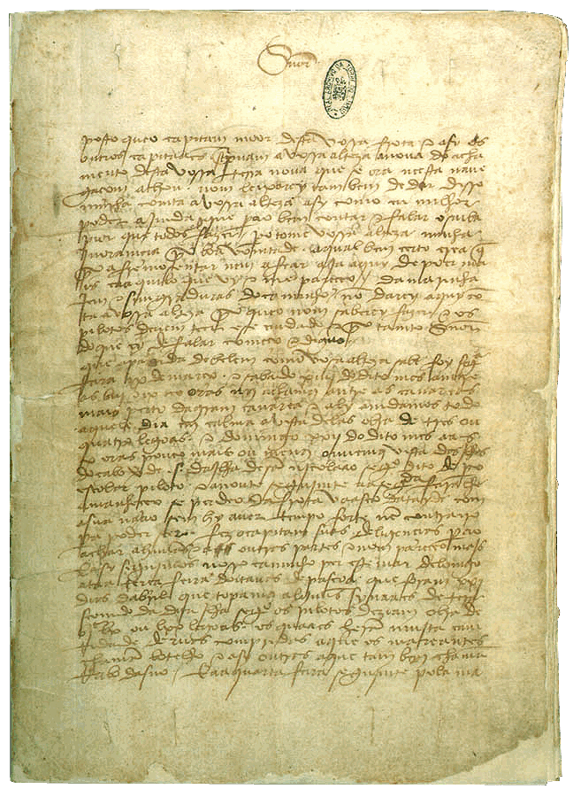 A single leaf of aged paper covered in a dense, heavily abbreviated Portuguese hand of 1500 in brown ink, with a small oval archive stamp near the top.