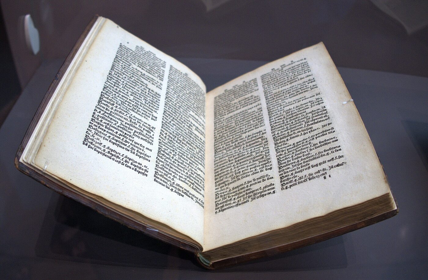 An open early printed book in a museum display case, each page carrying two columns of dense blackletter dictionary entries.