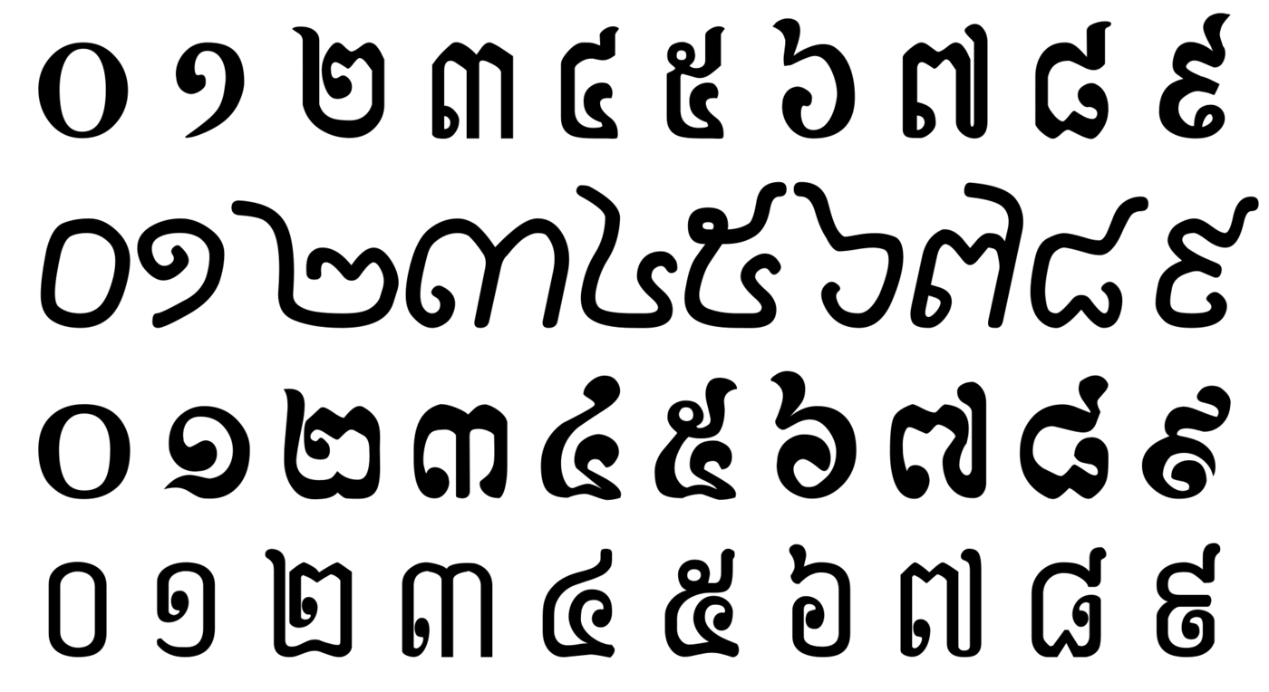 A chart of the ten Khmer numerals from zero to nine, repeated in four rows, each row drawn in a different typographic style.