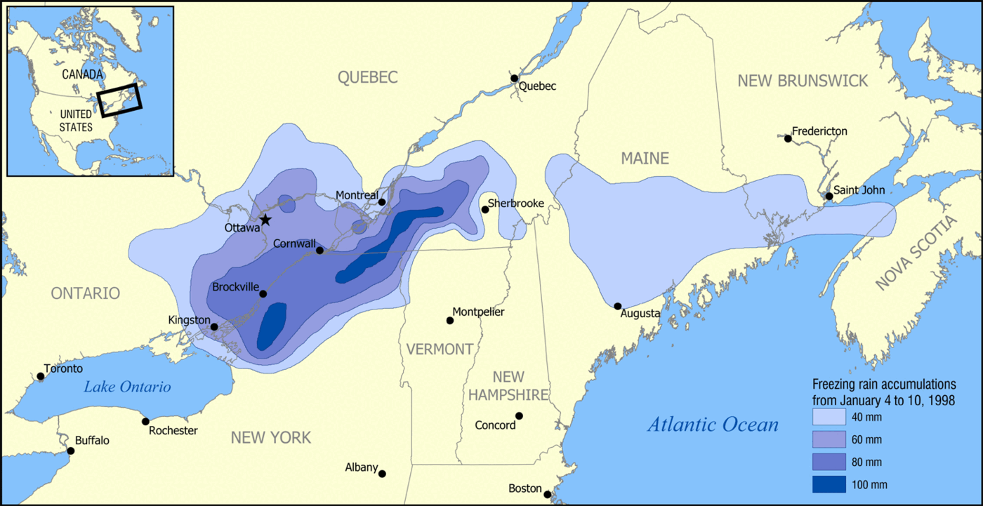 Shaded map of the lower Great Lakes and St Lawrence region with nested bands of freezing-rain accumulation, the heaviest running from Kingston through Ottawa and Montreal towards Sherbrooke, and a second lobe over Maine and New Brunswick.