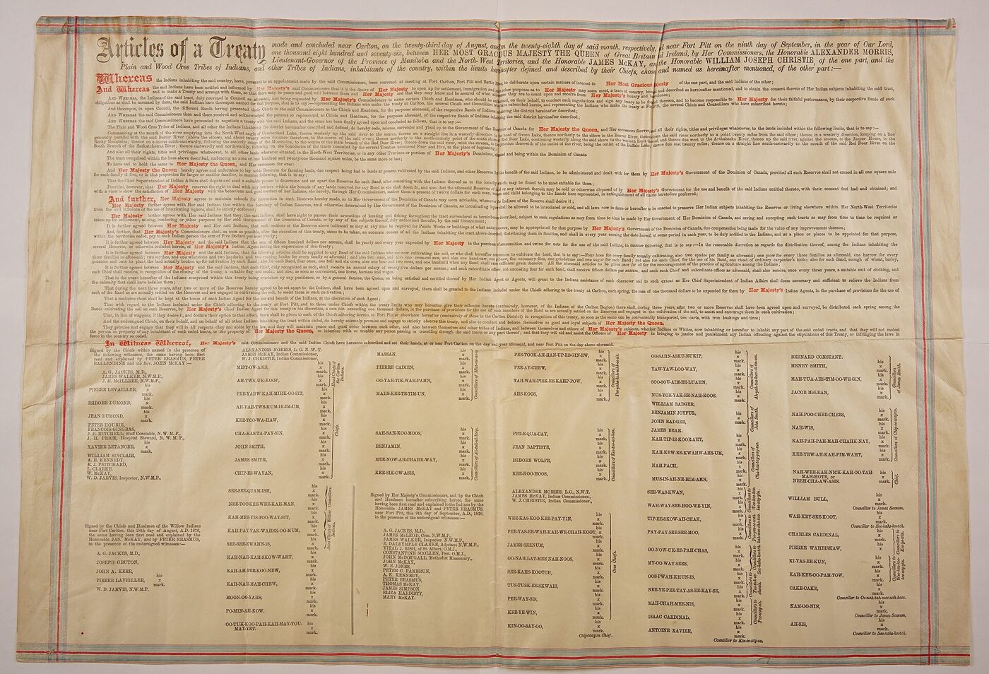 A large creased broadside of nineteenth-century treaty text in dense small type, headed in ornate script 'Articles of a Treaty', with the lower third given over to columns of names, each followed by 'his x mark'.
