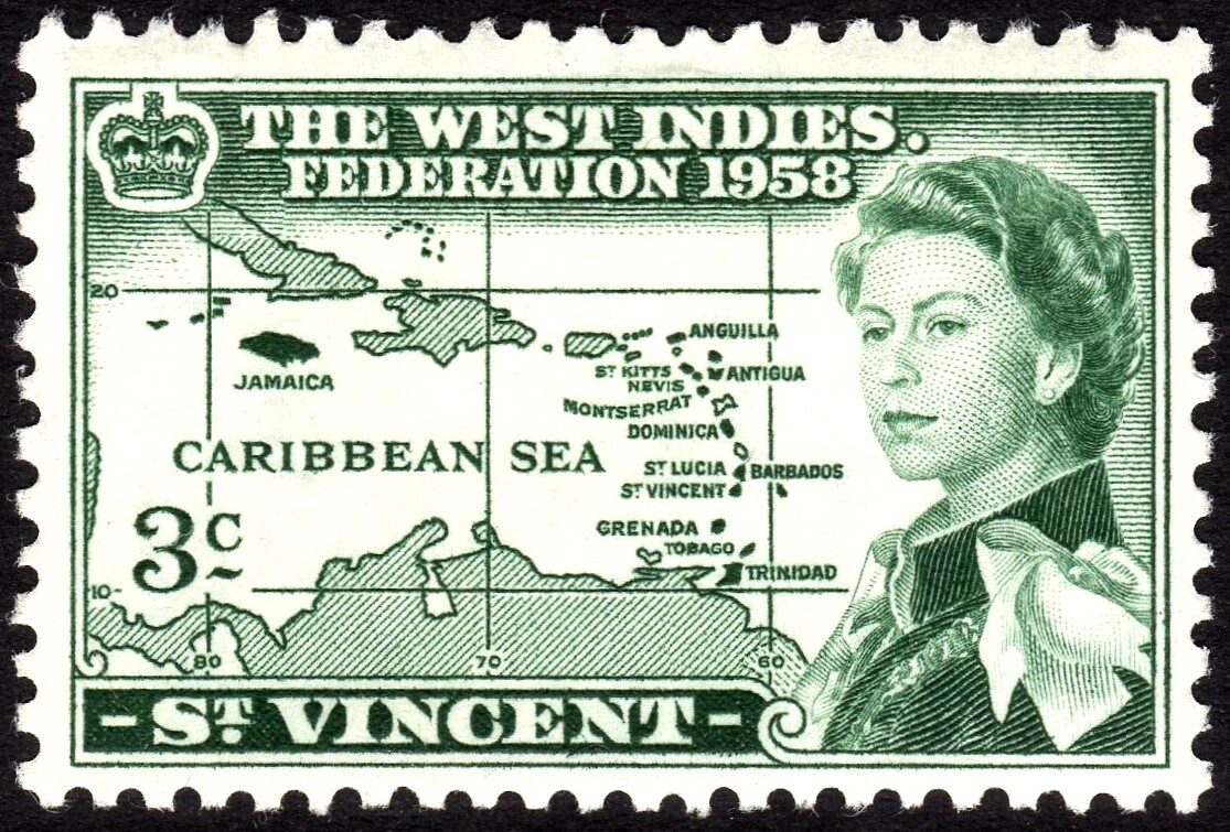 A green three-cent postage stamp inscribed "The West Indies Federation 1958" and "St Vincent", showing a map of the Caribbean with the federated islands named, and a portrait of Queen Elizabeth II at the right.