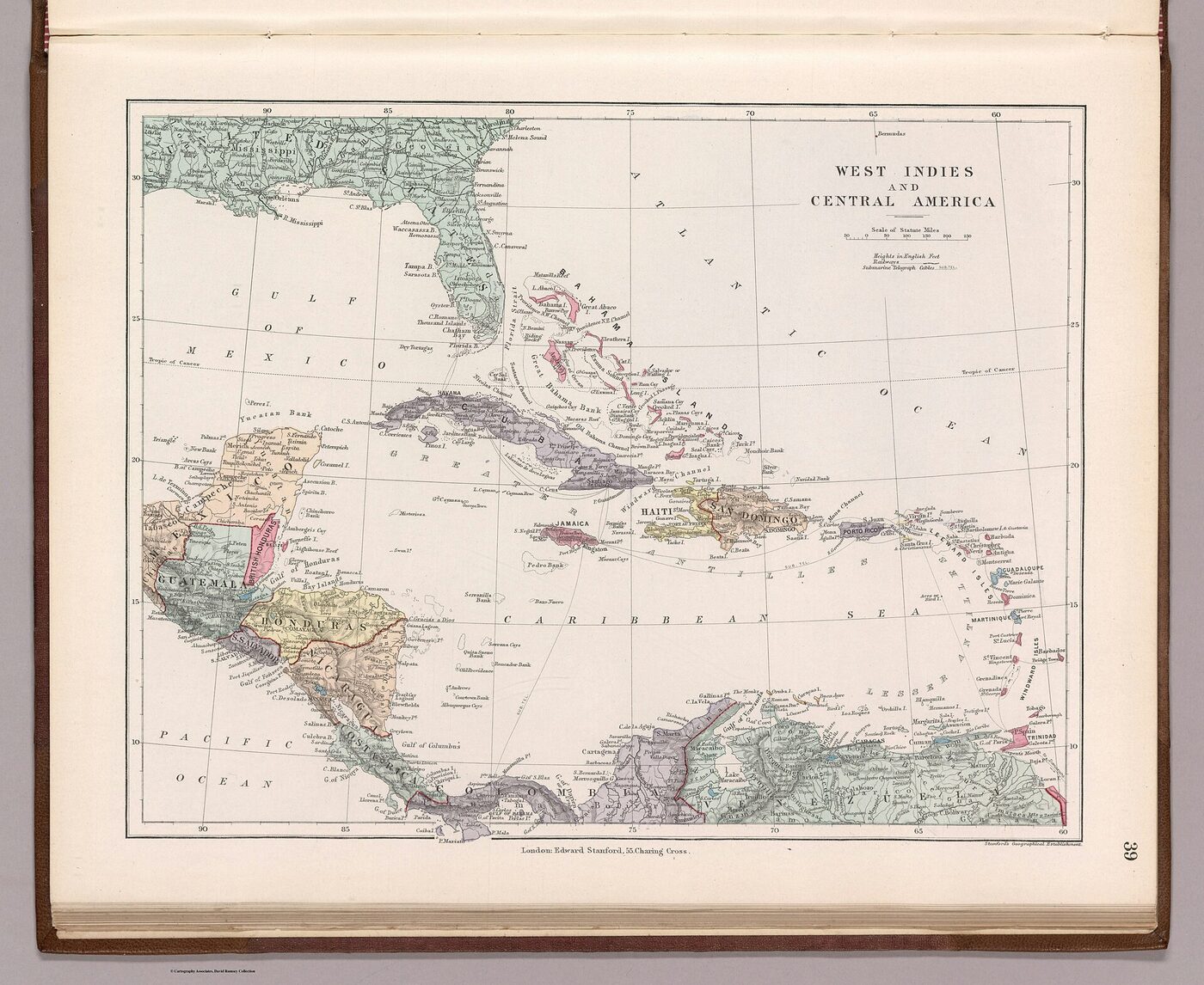 Steel-engraved atlas map of the West Indies and Central America, printed in colour, showing the island chain from Cuba and the Bahamas down to Trinidad, with a legend at top right listing heights, railways and submarine telegraph cables.