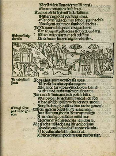 A page from an early printed book: lines of blackletter verse above and below a framed woodcut of robed figures in a landscape, with printed notes in the left margin.