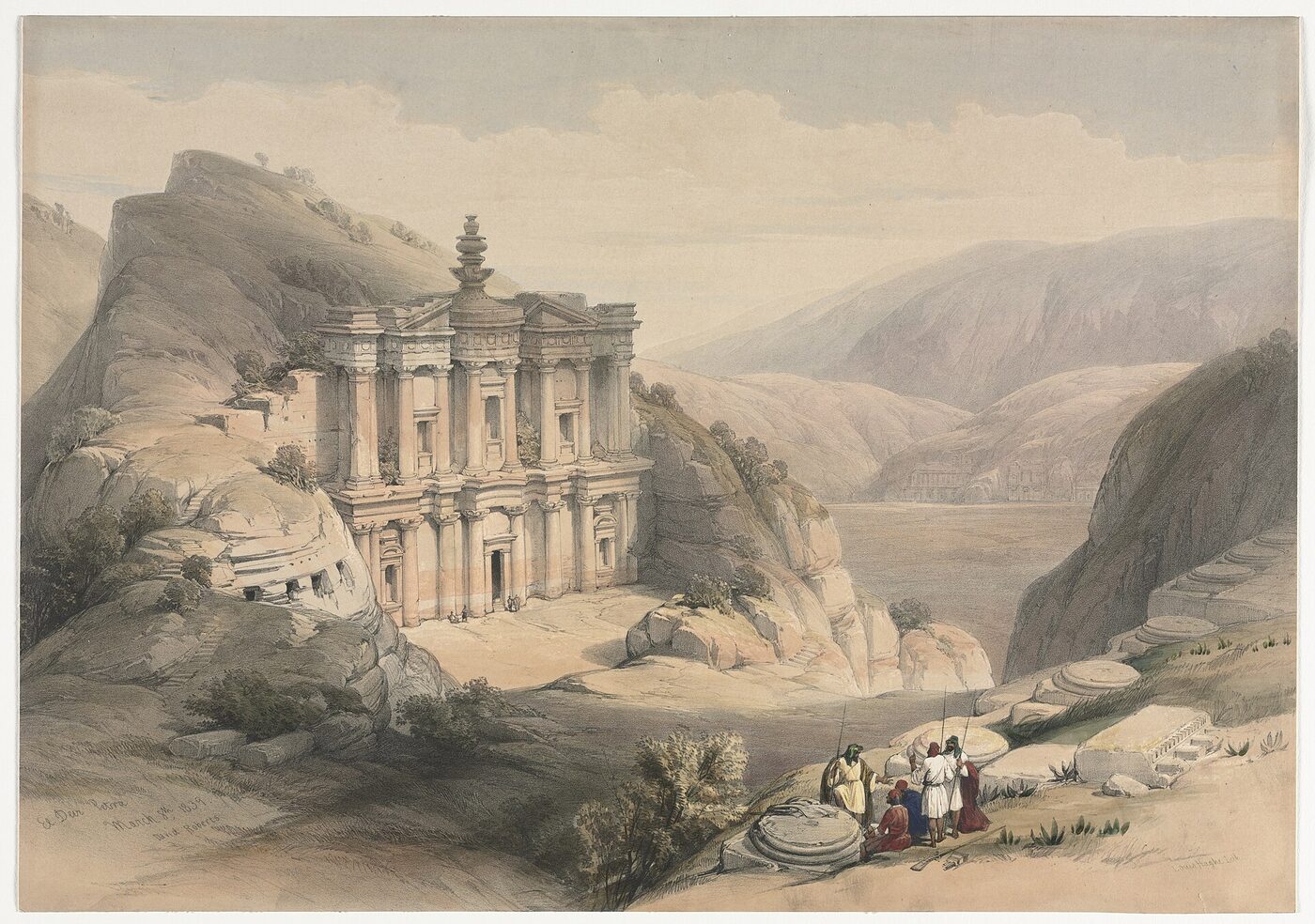 A nineteenth-century coloured view of a monumental classical facade carved into a rock cliff, with a group of small robed figures at lower right giving the scale.