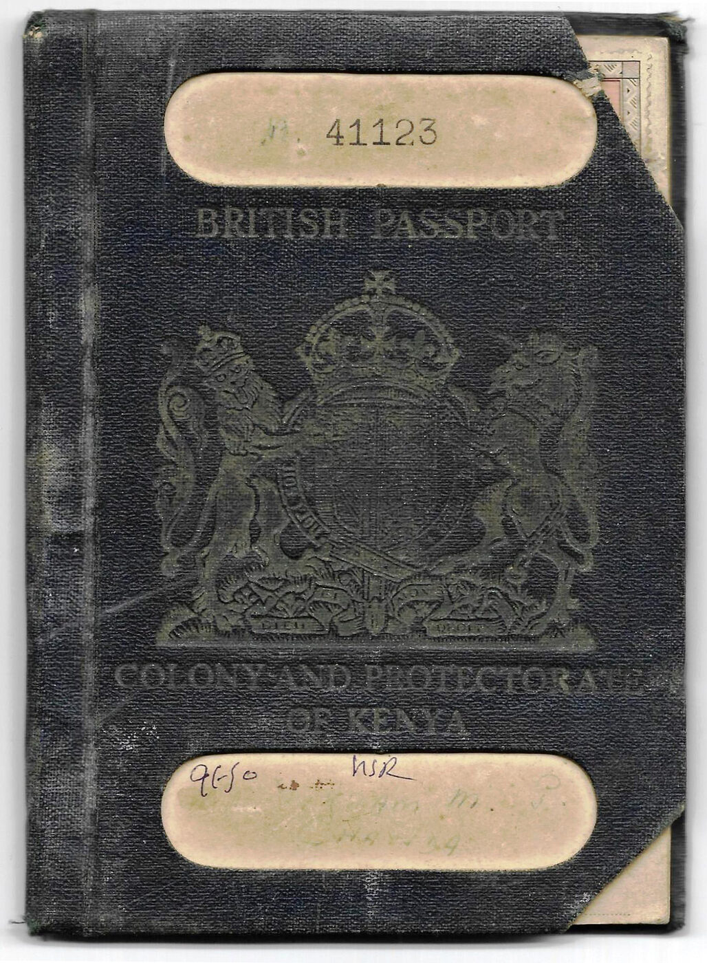 The worn dark cover of a travel document, embossed with the British royal coat of arms above the words Colony and Protectorate of Kenya, the words British Passport above it, and a pasted label bearing the serial number 41123.