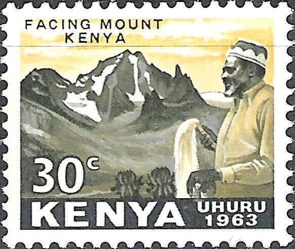 A postage stamp showing a man in profile at the right facing a snow-streaked mountain range, captioned Facing Mount Kenya at the top, with the face value 30c and the words Kenya and Uhuru 1963 along the bottom.