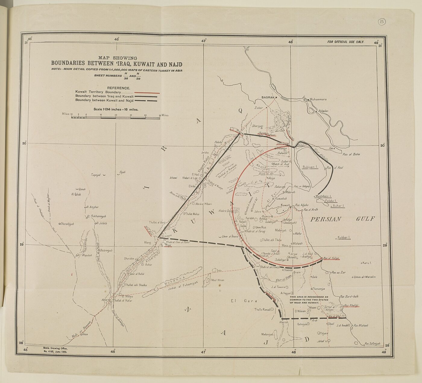 A printed map of Kuwait, southern Iraq and northern Najd on aged paper, with the coast, Basrah, Bubiyan island and the Persian Gulf labelled in English and the three boundaries drawn as a red arc and two dashed black lines.