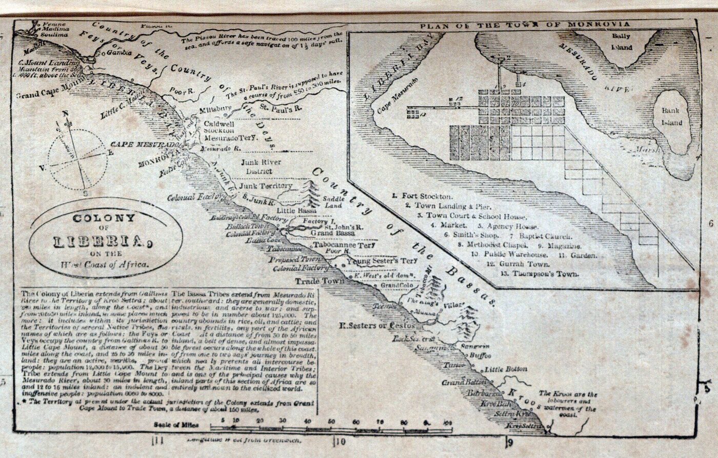 Engraved nineteenth-century map of the West African coast showing the Liberian settlements, with rivers and named towns in copperplate lettering, an inset plan of the town of Monrovia keyed to thirteen numbered buildings, and letterpress notes on the extent of the colony.