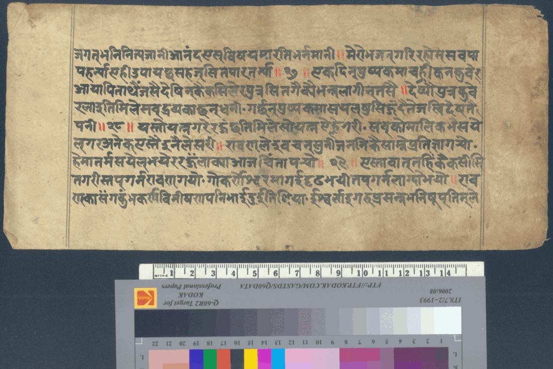 A single manuscript leaf of handwritten Devanagari verse in black ink with red verse markers, photographed against a dark board beside a centimetre rule and a Kodak colour target.