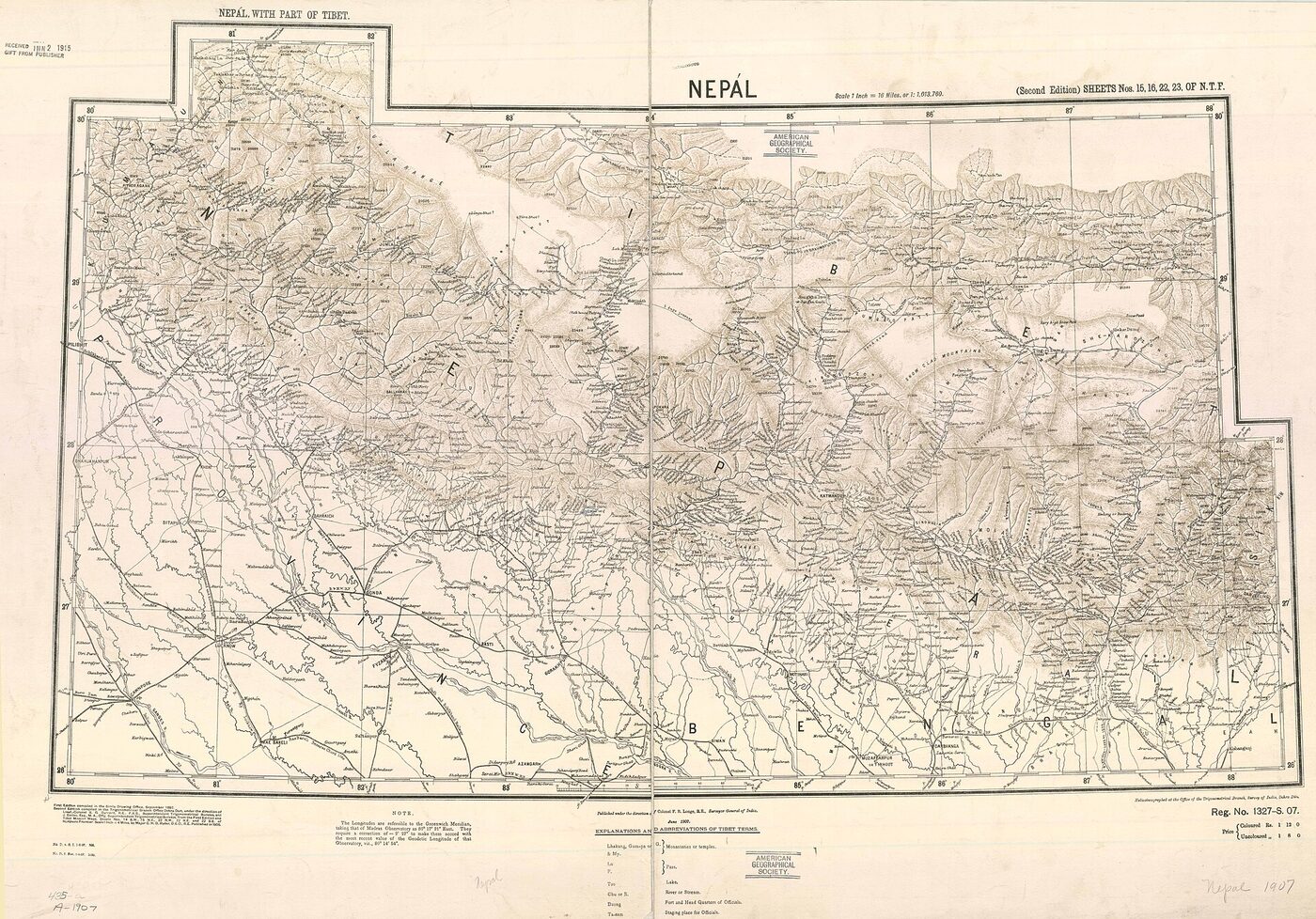 A large sepia and green topographic sheet map titled Nepal, with part of Tibet, showing hachured mountain ranges, river systems and settlement names across a graticule from 80 to 88 degrees east.