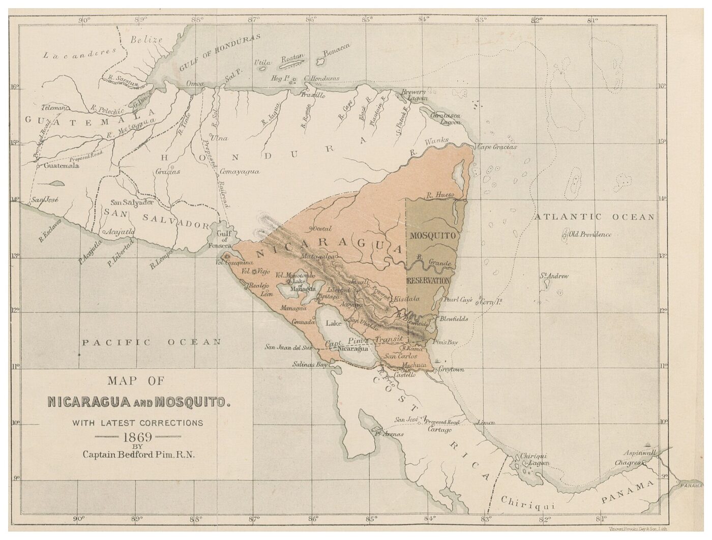 Hand-coloured nineteenth-century map of Nicaragua and its neighbours, with a shaded block on the Caribbean side labelled Mosquito Reservation and the towns of Bluefields, Pearl Cays and Cape Gracias marked along the coast.
