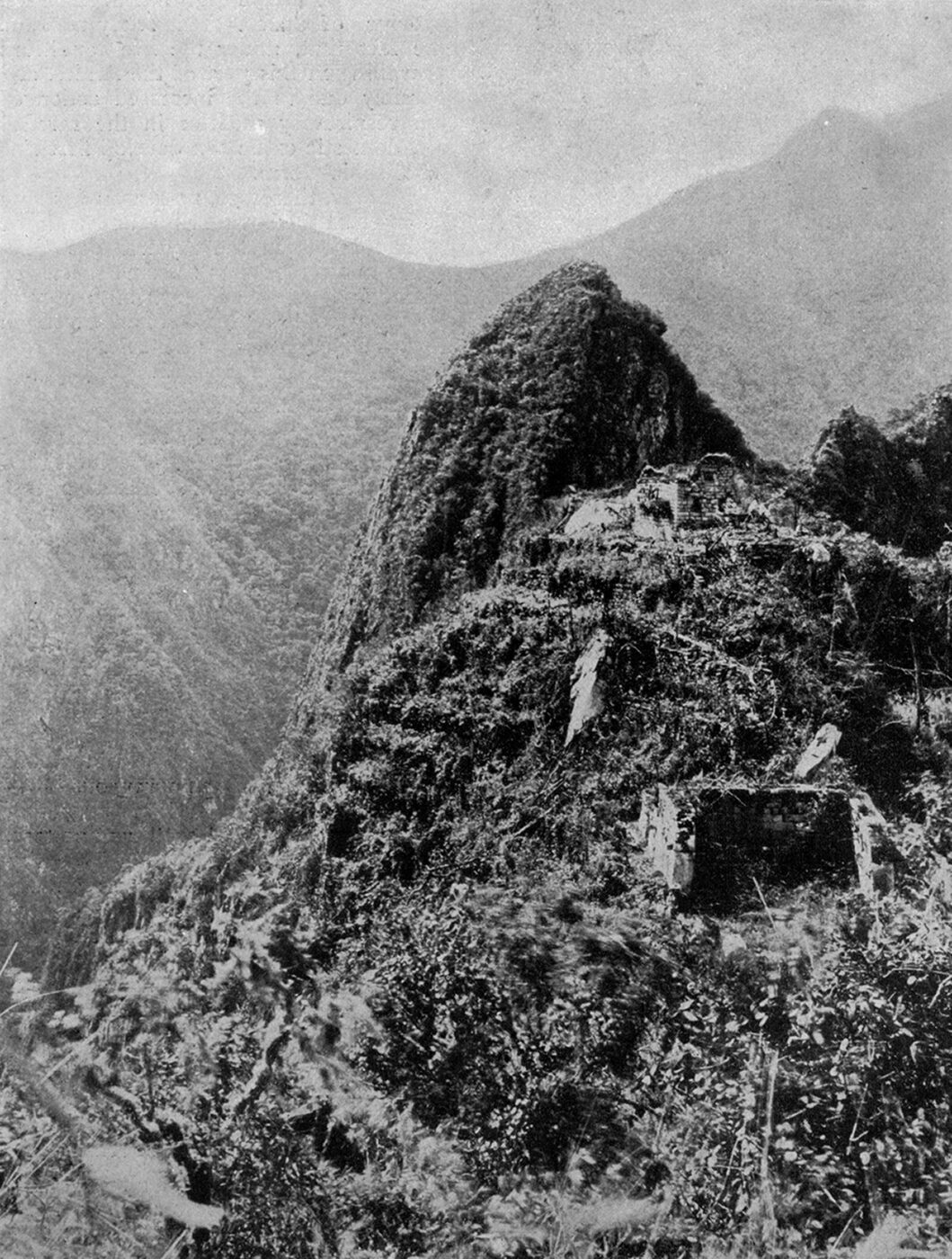 Coarse black-and-white photograph of a steep, densely overgrown mountain ridge, the stonework of ruined Inca buildings and terraces showing through the vegetation, with hazy mountain ranges behind.