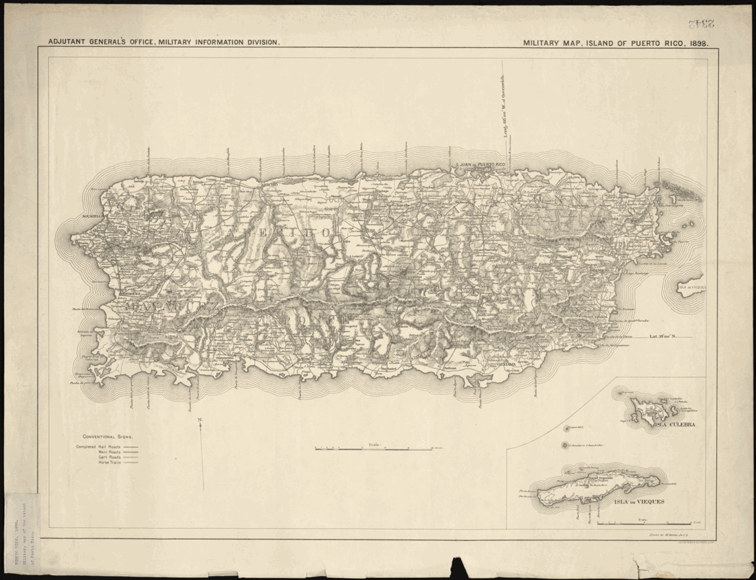 An uncoloured lithographed topographical map of Puerto Rico showing relief, towns, roads and railways, with an inset panel at the lower right mapping the islands of Culebra and Vieques.