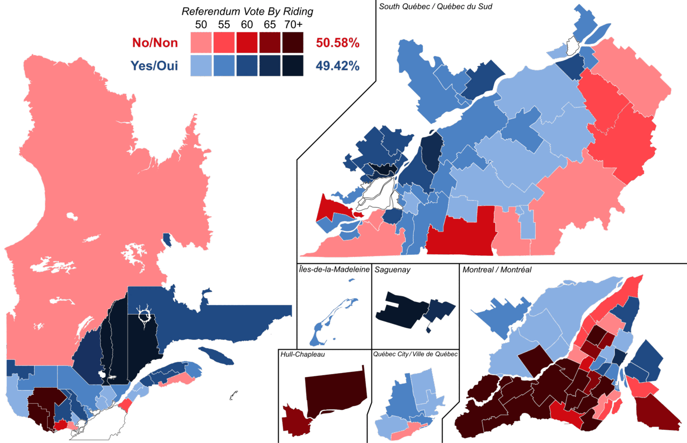 A shaded map of Quebec divided into electoral ridings with six city and region insets, ridings coloured in bands of red where No led and bands of blue where Yes led, and a legend giving the province-wide percentages.