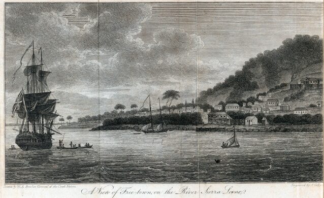 An engraving of a wide estuary seen from the water: a square-rigged sailing ship at anchor on the left, two small sailing boats and a rowing boat in mid-channel, and on the right a wooded hillside with rows of low white houses running down to the shore.