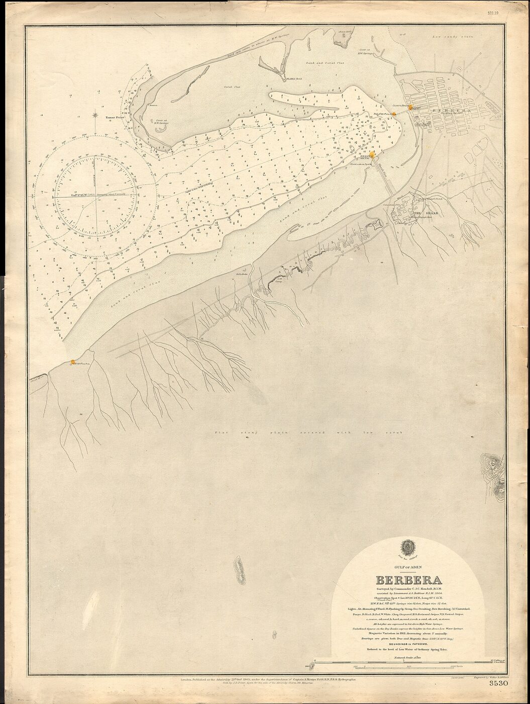 Nineteenth-century style nautical chart of the harbour at Berbera, with soundings, coastline and a town plan.
