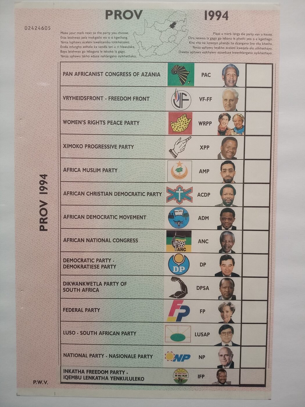 A printed 1994 South African provincial ballot paper listing fourteen parties, each row carrying the party name, its emblem and a photograph of its leader, with voting instructions repeated in eleven languages across the top.