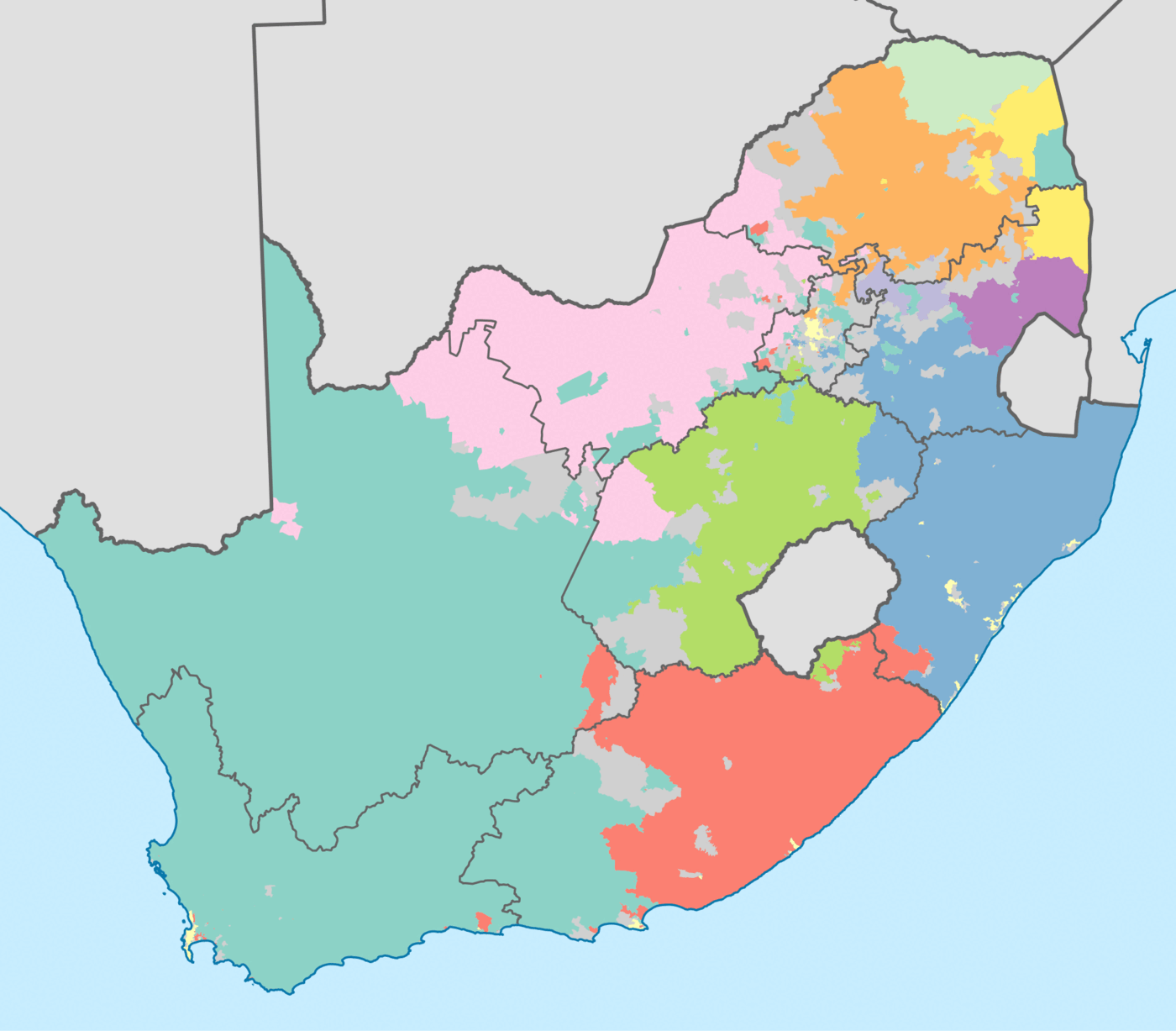 Map of South Africa in which each ward is coloured according to its dominant home language, producing broad regional blocks in the Cape, KwaZulu-Natal and the northern provinces and a fine mosaic of colours around the Johannesburg and Pretoria conurbation.