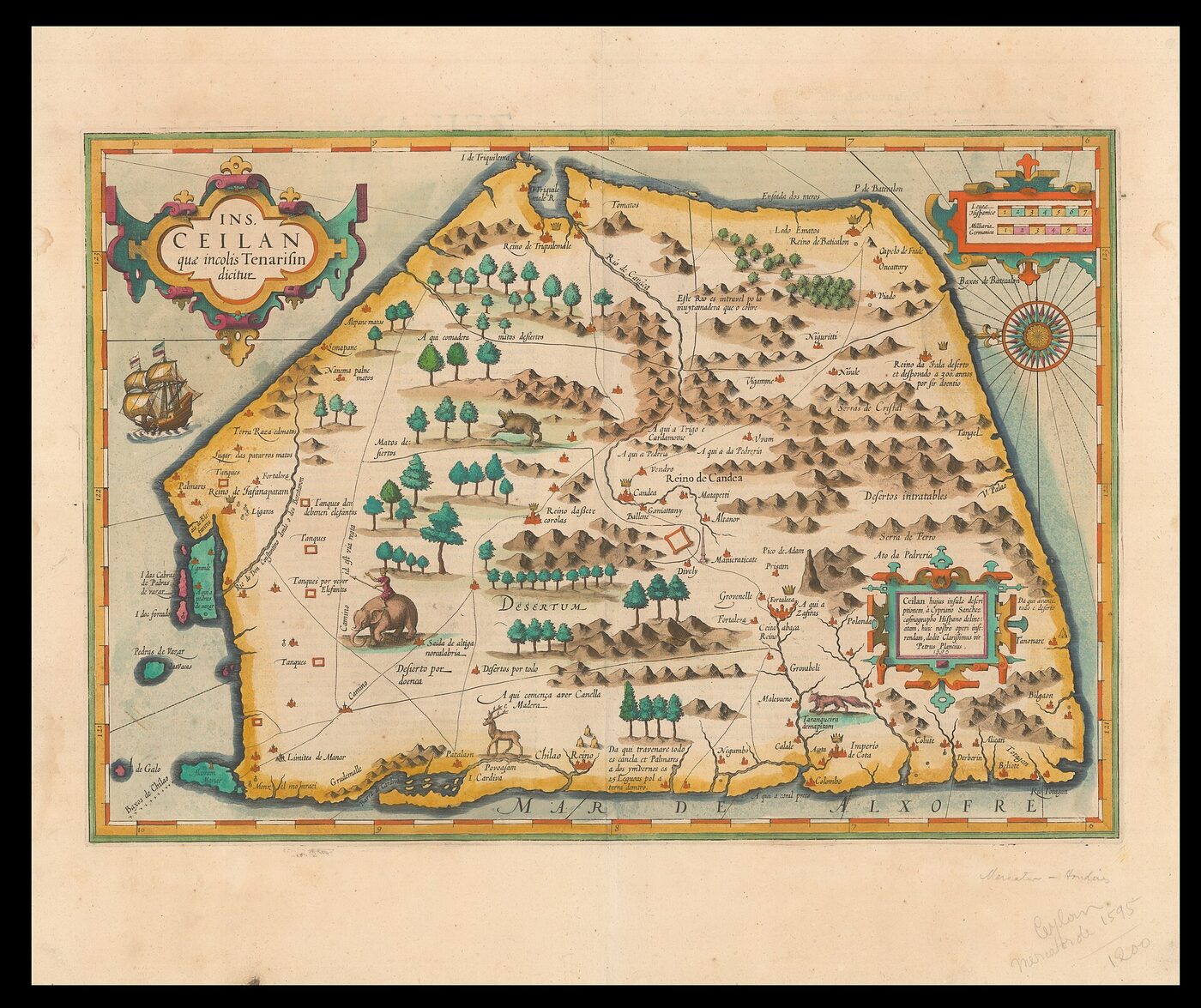 A hand-coloured sixteenth-century engraved map of a broad, angular island lettered in Latin and Portuguese, with rows of drawn hills, palm trees, an elephant and a stag inland, and a sailing ship and compass rose in the surrounding sea.