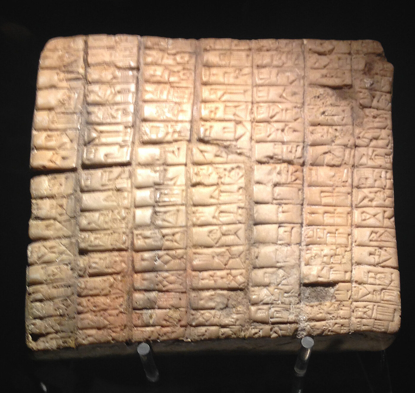 A squarish clay tablet ruled into columns and boxes, each box packed with wedge-shaped cuneiform signs, lit against a black background.