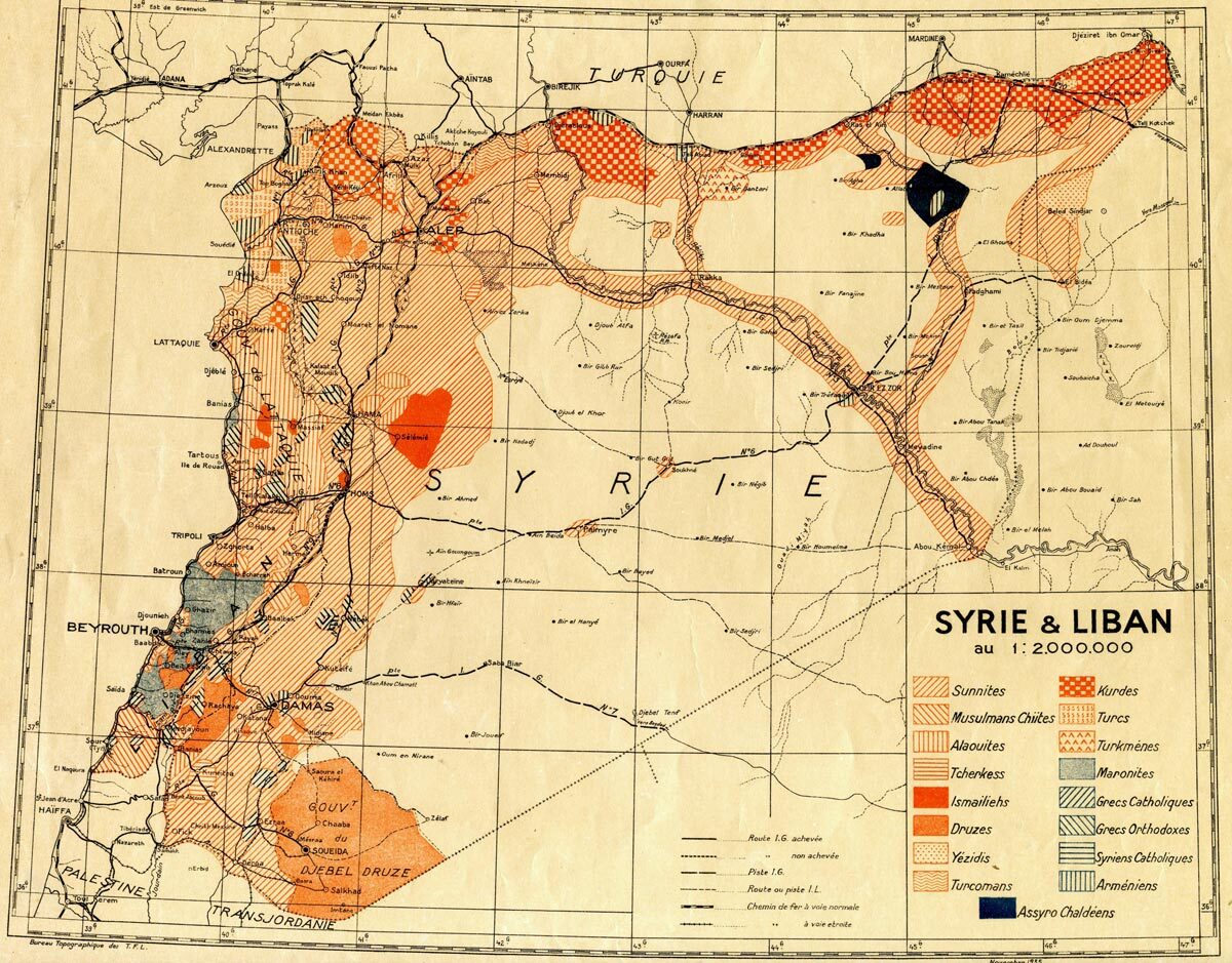 A yellowed 1935 map of Syria and Lebanon, the country hatched and stippled in oranges and blues, with a keyed legend at lower right listing each religious and ethnic community.