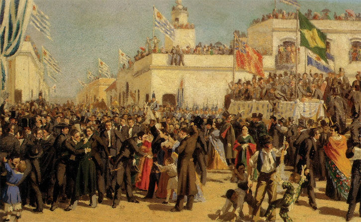 Oil sketch of a dense nineteenth-century crowd filling a dusty plaza before low white buildings, with flags and bunting and spectators packed onto rooftops and a draped balcony.