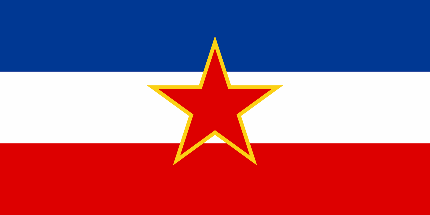 Flag of socialist Yugoslavia: blue, white and red horizontal bands with a gold-bordered red star at the centre.