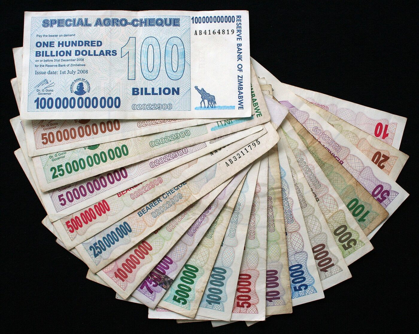 A spread of high-denomination Zimbabwean bearer cheques printed during the 2007–2008 hyperinflation.
