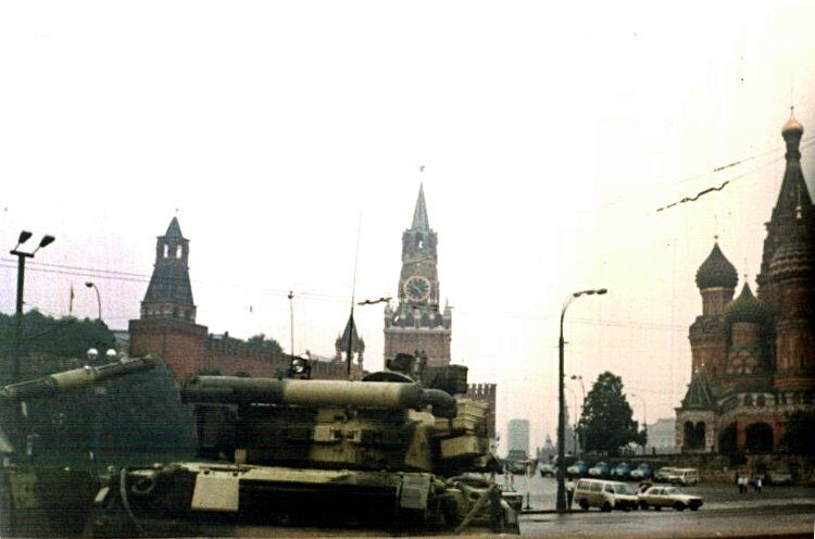 Soviet tanks on a Moscow street near Red Square during the August 1991 coup attempt.