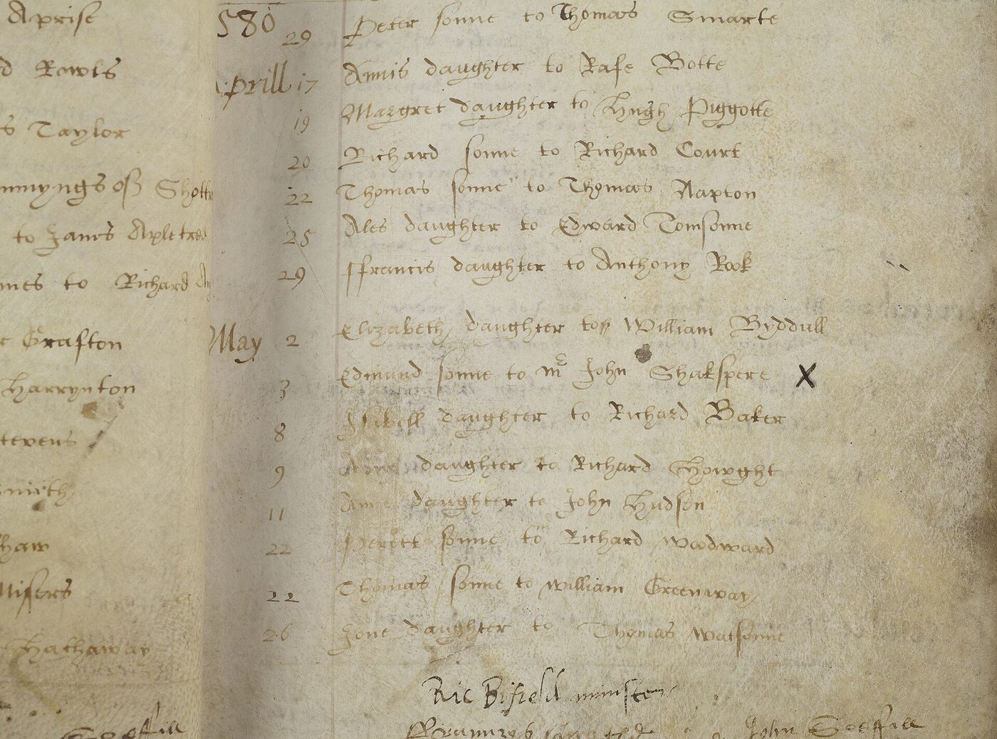 A handwritten page from a sixteenth-century English parish register of baptisms, with entries in ink.