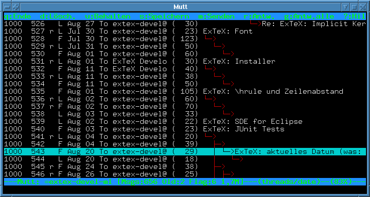 Screenshot of a text-mode mail reader on a blue background, listing numbered messages dated August with sizes and recipients, their subject lines stepped rightwards and linked by drawn arrow characters into a branching reply tree, with a status line at the foot reading threads.
