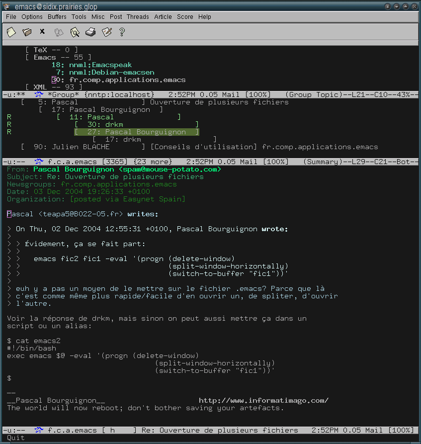 A screenshot of a text-mode newsreader inside an X11 window: an upper pane listing subscribed newsgroups, a middle pane of numbered articles indented into threads by author, and a lower pane showing one article whose header lines — From, Subject, Newsgroups, Date and Organization — stand above the quoted reply text.